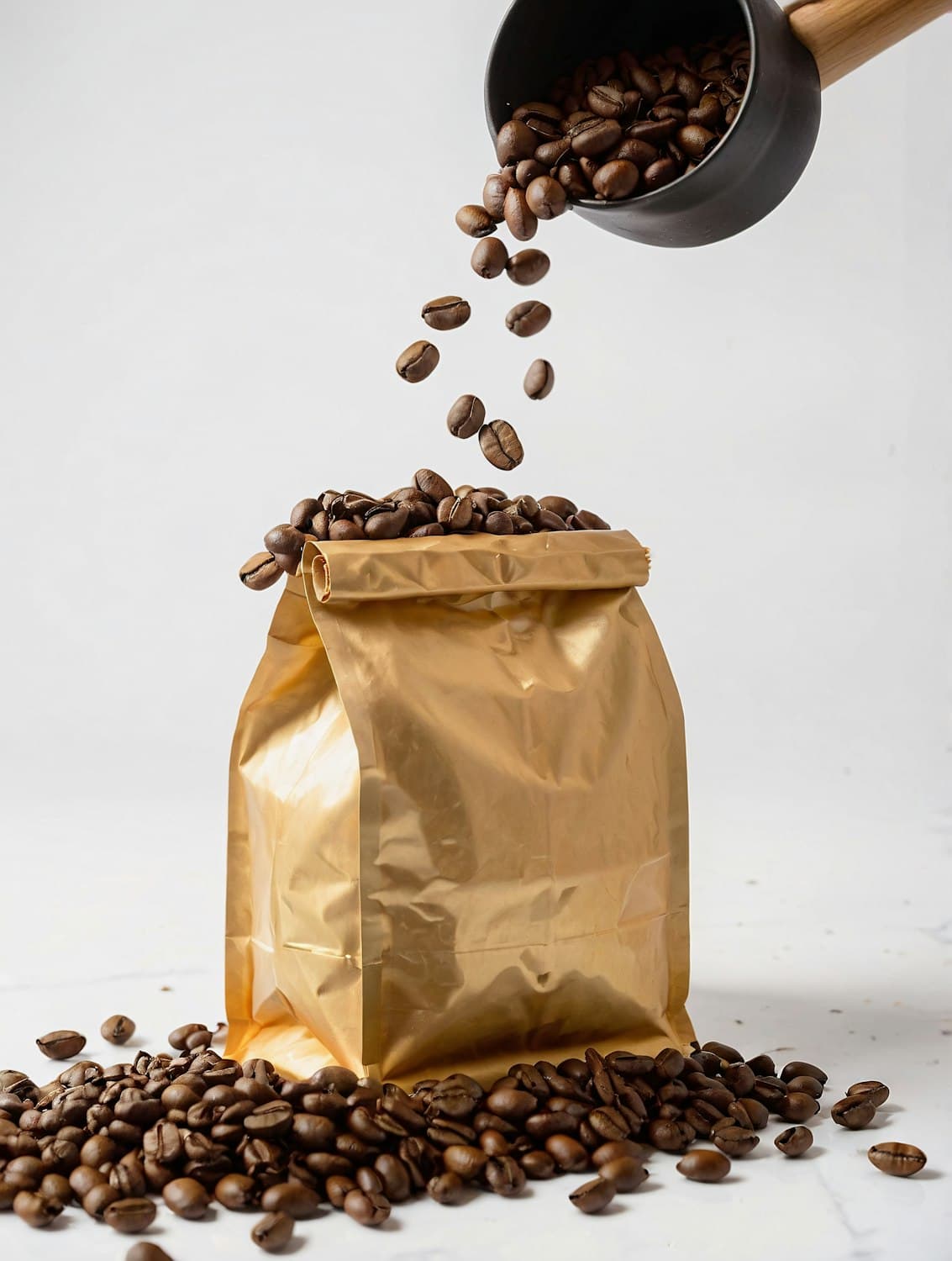 Roasted coffee beans poured into a golden coffee bag